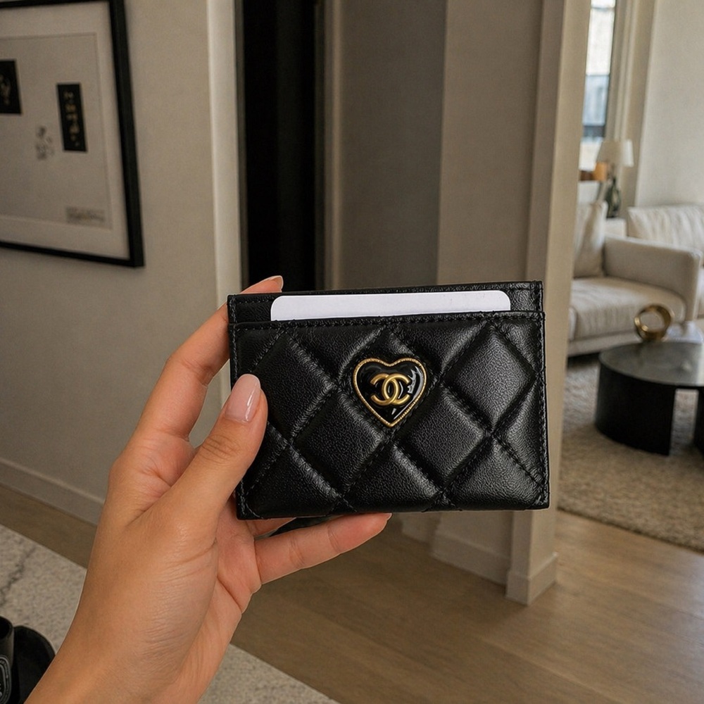 CHANEL Black Quilted Card Holder with Gold Heart CC
